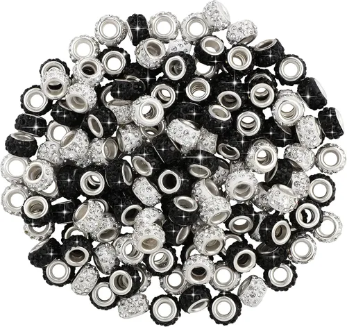 Hicarer 200 cuentas europeas de diamantes de imitación de 0.394 pulgadas (0.433 in), cuentas espaciadoras de agujeros grandes para bricolaje blanco