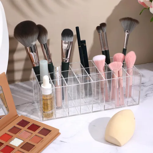 Miniatura 9 de UKCOCO Organizador de lápiz labial acrílico, 24 rejillas: soporte transparente para lápiz labial, organizador de brillo de labios para pinceles