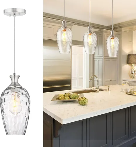 Miniatura 14 de Lámpara colgante de 3 luces, moderna lámpara de araña de níquel cepillado para comedor sobre mesa con vidrio martillado, luces colgantes de racimo