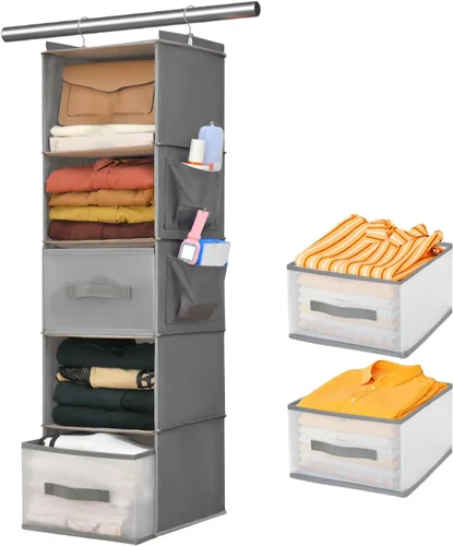 Miniatura 10 de Organizador de armario colgante de 6 niveles con 3 cajones y bolsillos laterales, almacenamiento multifuncional para zapatos, cinturones, bolsos
