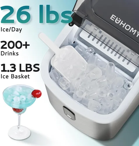 Miniatura 2 de EUHOMY Máquina de hielo portátil con asa de transporte, 26.5 libras por día, 9 cubos en 6 minutos, limpieza automática, con cesta y cuchara