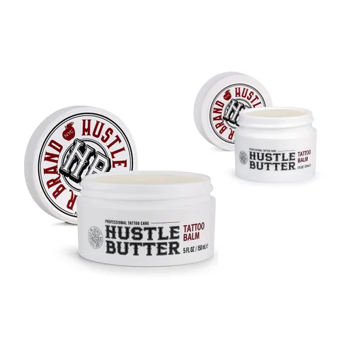 Hustle Butter Tattoo Aftercare 5oz At Home y 1oz Bálsamo de cuidado posterior de tamaño de viaje, úsalo mientras cura nuevos tatuajes y para