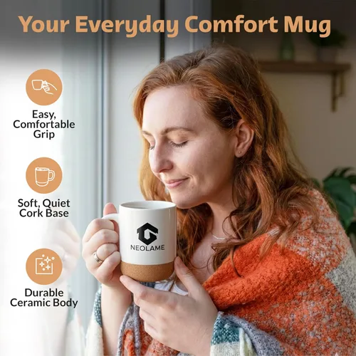 Miniatura 2 de NeoLame - Taza de café de cerámica con fondo de corcho y a prueba de derrames, taza de café reutilizable para el hogar o el trabajo, conservación