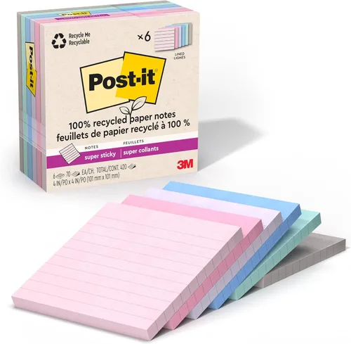 Miniatura 10 de Post-it - Notas superadhesivas de papel 100% reciclado, forradas, 4 pulgadas x 4 pulgadas, 6 blocs, 70 hojas por bloc, colección Oasis, suministros