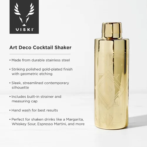 Miniatura 2 de Viski Art Deco - Coctelera de acero inoxidable grabada de 24 onzas con colador y acabado dorado