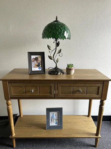 Miniatura 3 de Lámpara de mesa de vidrieras hojas verdes hojas de metal de hierro base de bronce incluida bombilla LED para sala de estar, dormitorio, mesita