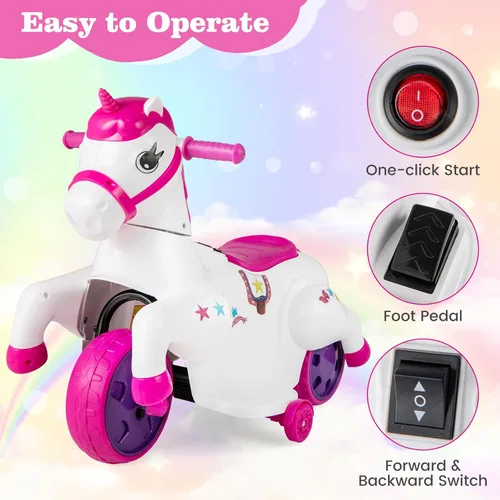 Miniatura 5 de OLAKIDS 2 en 1 motocicleta y caballo, unicornio de 6 V, juguete de paseo con batería con función de arriba y abajo, MP3, pantalla de potencia, Rosa