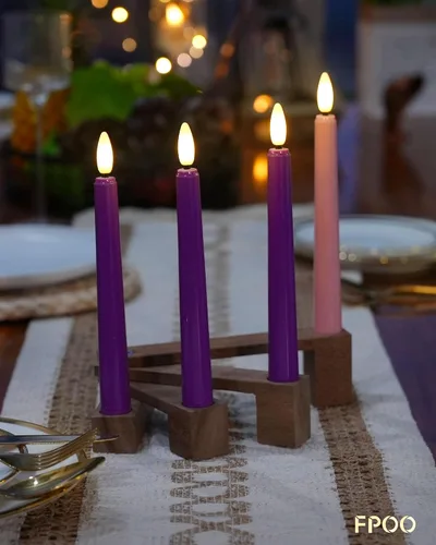 Miniatura 4 de FPOO Velas de Adviento sin llama con portavelas de madera, velas de Adviento que funcionan con baterías, 3 candeleros LED morados y 1 rosa