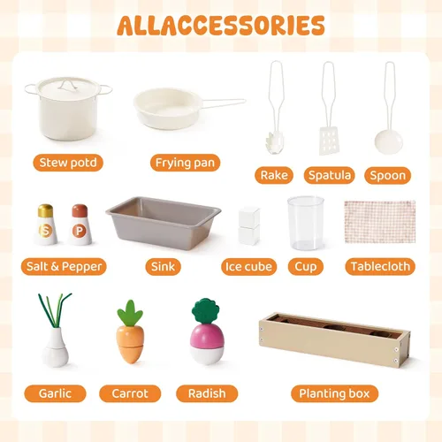 Miniatura 8 de ROBUD Juego de Cocina de Madera para Jugar, Cocina de Juego de Simulación para Niños, Cocina de Juguete con Microondas, Fregadero, Estufa y Máquina