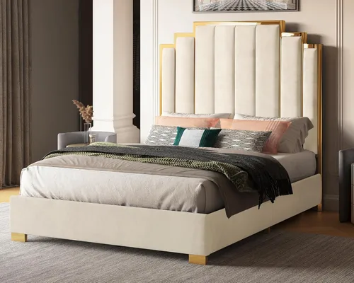 Miniatura 12 de Albott Marco de cama de plataforma tamaño Queen, cama tapizada de terciopelo de 61.4 pulgadas con cabecero de ribete dorado, listones de madera,