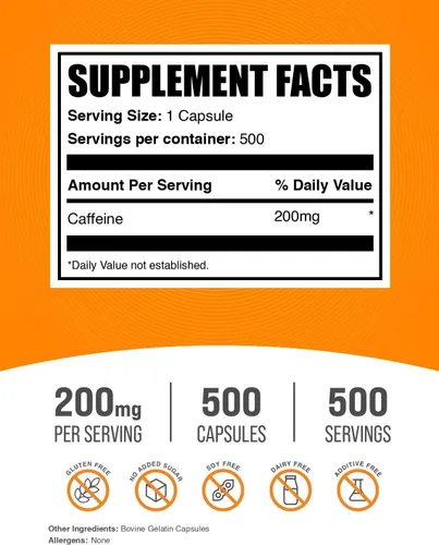 Miniatura 2 de BulkSupplements. Com Cápsulas de cafeína de 200 mg – Suplemento para impulso de energía, píldoras de cafeína de 200 mg – Sin gluten, 1 cápsula por