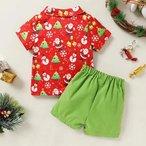 Miniatura 3 de JEELLIGULAR Conjunto de pantalones cortos y camisa con botones y estampado de Papá Noel para niños pequeños