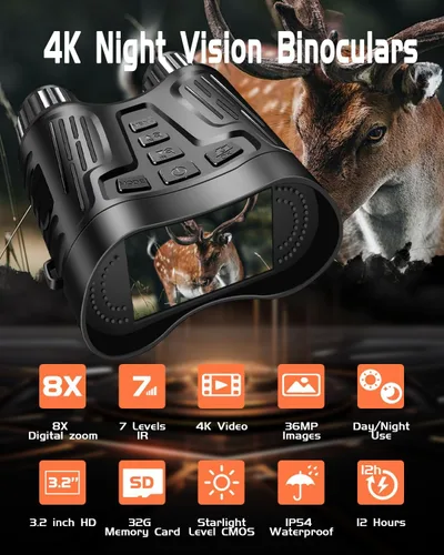 Miniatura 2 de Gafas de visión nocturna, prismáticos de visión nocturna 4K para adultos, pantalla HD de 3.2 pulgadas, tarjeta de 32 GB, zoom 8X para fotos
