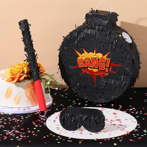 Miniatura 3 de Wettarn Hero Boom Piñata para fiesta de cumpleaños, piñata negra grande con palo para los ojos vendados, confeti, tema de héroe, accesorio de juego