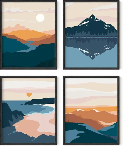 Miniatura 26 de HAUS AND HUES Arte de pared de montaña – Juego de 4 decoración de paisaje moderno de mediados de siglo, naturaleza y arte moderno Marco beige de 8