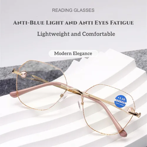 Miniatura 4 de Anteojos de lectura sin montura con bloqueo de luz azul para mujer, con montura de polvo dorado, lente grande, redondos, ligeros, para lectura