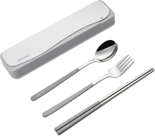 Miniatura 9 de DEVICO Utensilios de viaje, juego de cubiertos de acero inoxidable 18/8, 4 piezas, juego portátil y reutilizable para camping, incluye tenedor, Rojo