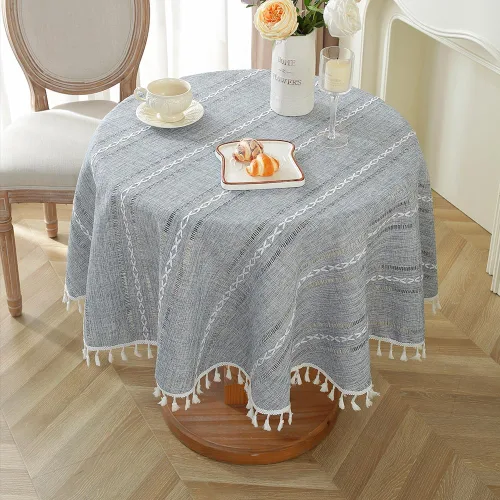 Miniatura 16 de meioro Mantel rústico, mantel rectangular de algodón texturizado de lino con borla, mantel de tela resistente para granja con bordado de rayas