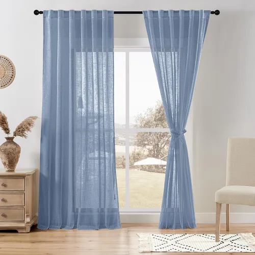 Miniatura 17 de DWCN Cortinas traslúcidas de lino floral, bolsillo para barra y pestaña trasera, cortina de mezcla de lino para dormitorio, sala de estar, cortinas