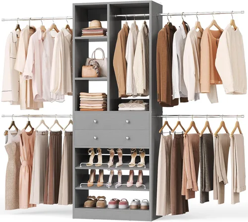 Miniatura 10 de Besiost Sistema de Armario, Organizador de Armario de 4.2 a 8.8 Pies con 2 Cajones y Estantes de Madera, Sistema de Vestidor con 5 Varillas