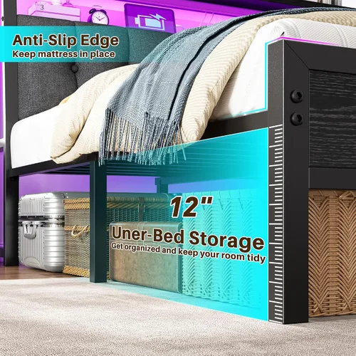 Miniatura 6 de Homkdom Base de cama de tamaño matrimonial con estación de carga, marco de cama tamaño matrimonial con luces LED con cabecera de almacenamiento Negro