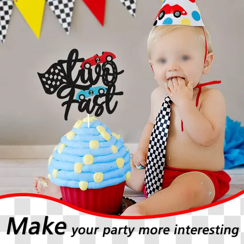 Miniatura 5 de Decoración para pastel de carreras con diseño de dos diseños de fiesta de cumpleaños para niños y niñas, 2º segundo, dos cumpleaños