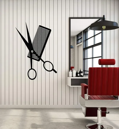 Vinilo adhesivo de pared Tijeras Peine Barber Herramientas Salón de Belleza Estilista Pegatinas de pelo Mural Decoración grande (g1638) Negro