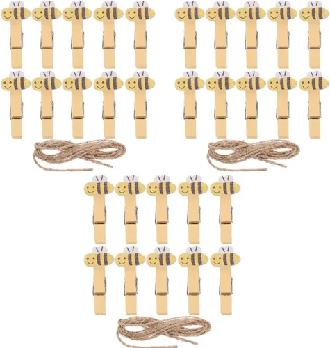 ABOOFAN 30 pinzas para la ropa con cuerda de madera con clips de fotos de abeja para colgar fotos, ropa, manualidades, artes al aire libre e interior
