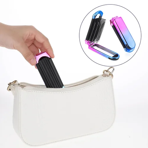 Miniatura 6 de Mini cepillo de pelo de viaje, pequeño cepillo plegable compacto con espejo y punta redonda cerdas de nailon para mujeres y hombres, peine portátil