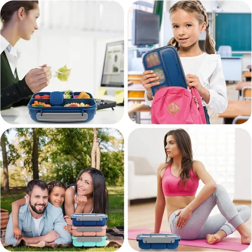 Miniatura 7 de MaMix Lonchera Bento para adultos, lonchera para niños, contenedores de almuerzo para adultos, niños, estudiantes, 44.0 fl oz, 4 compartimentos Azul