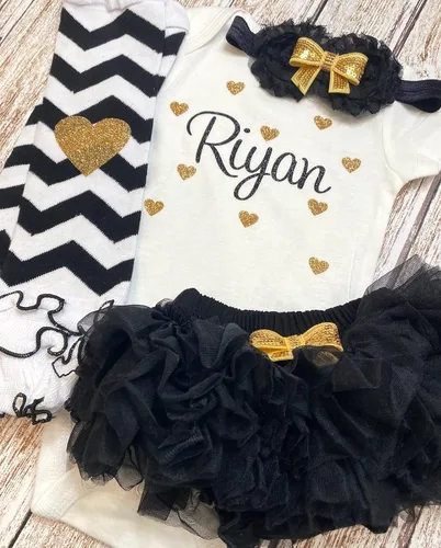 Miniatura 4 de Traje personalizado de baby girl para baby shower, con nombre personalizado con purpurina y corazón, tutú con diadema y calentadores de piernas