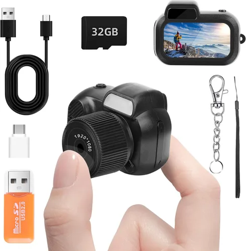 Mini cámara con llavero, FHD 1080p 8MP Mini cámara digital con tarjeta SD de 32 GB, pantalla HD de 0.96 pulgadas, duración de la batería de 100