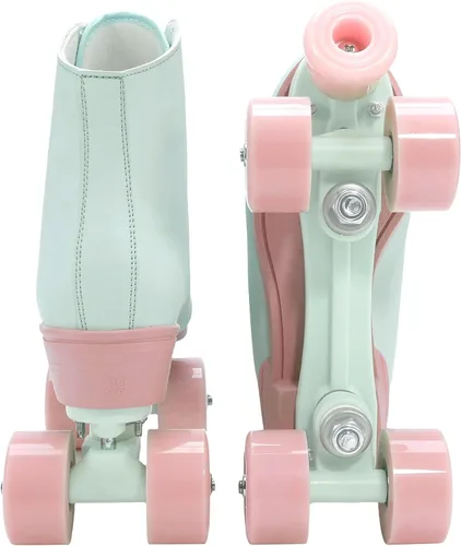 Miniatura 7 de XUDREZ Patines de ruedas para niñas y mujeres, de piel sintética verde claro, para interiores y exteriores, con ruedas de luz rosa para jóvenes