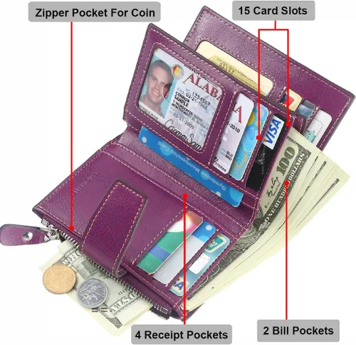 Miniatura 4 de Lavemi Pequeña cartera compacta para mujer, con bloqueo RFID, de piel auténtica, plegable, con ventanas de identificación