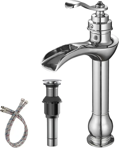 Miniatura 12 de BWE Grifo de Lavabo Tipo Vasija Negro Mate Cascada de Un Solo Orificio con Manija y Tapón de Desagüe Pop-Up Ensamblaje y Manguera de Suministro