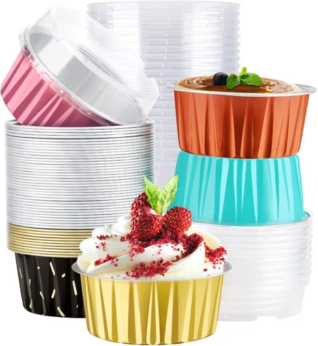 Miniatura 27 de EUSOAR Moldes de Papel de Aluminio para Hornear, 5oz 50 piezas Moldes Reutilizables para Cupcakes con Tapas, 3.34x2.59x2.35 pulgadas 125ml Moldes