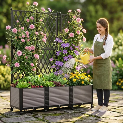 Miniatura 9 de DoCred Jardinera elevada de 63 pulgadas de alto con enrejado, maceta vertical para horticultura, jaula de tomate con ruedas para plantas trepadoras