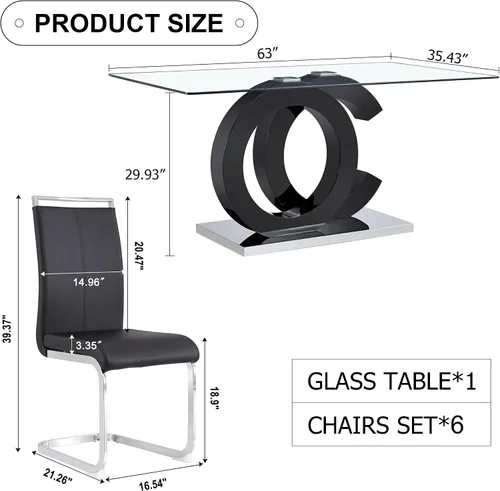Miniatura 2 de Juego de mesa de comedor Ebullient para 6, juego de mesa de comedor de 7 piezas, tapa de mesa de cristal templado, mesa moderna de comedor con 6