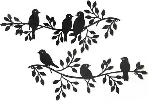 LOMOHOO Decoración de pared de pájaros de metal, hojas de arte, 6 pájaros en vid, ramas de olivo, esculturas de hierro, silueta de metal, adorno