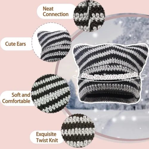 Miniatura 4 de Gorro de punto con orejas de gato para mujer, gorro de ganchillo con gorro de invierno a rayas, accesorios Y2K, gorros estilo gótico grunge