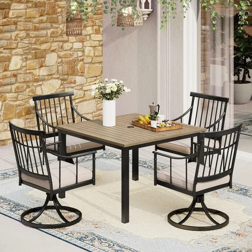 Miniatura 14 de MFSTUDIO Juego de comedor de 5 piezas de metal para patio, juego de muebles para exteriores con 1 mesa cuadrada de madera y 6 sillas de respaldo