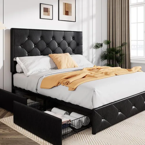 Miniatura 14 de Allewie - Base de cama tapizada de tamaño Full con plataforma, con 4 cajones de almacenamiento y cabecero, diseño cosido en cuadrados con botones