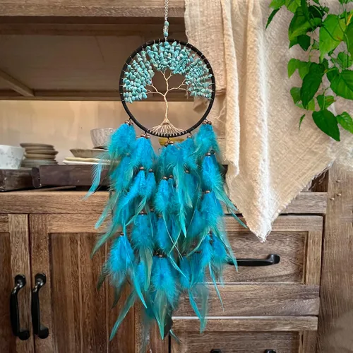 Miniatura 8 de Atrapasueños, Atrapasueños Árbol de la Vida Decoración de Pared, con Piedra de Cristal Curativo Natural, Atrapasueños Perfecto Turquesa Hecho a Mano