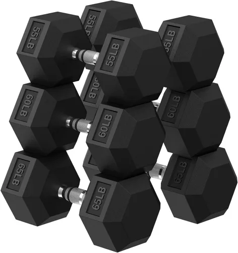 Miniatura 24 de HANDBODE Juego de mancuernas hexagonales de 45 a 640 libras, mancuernas de ejercicio y fitness con revestimiento de goma para gimnasio en casa