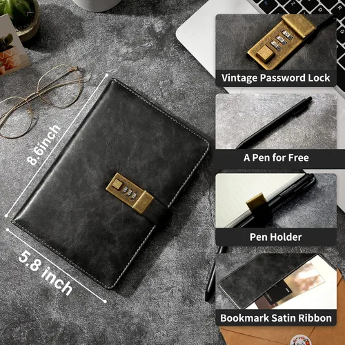 Miniatura 2 de CAGIE Diario con candado para hombre, recargable, 192 páginas forradas, diario bloqueado con bolígrafo, diario A5 con cerradura para escribir regalo