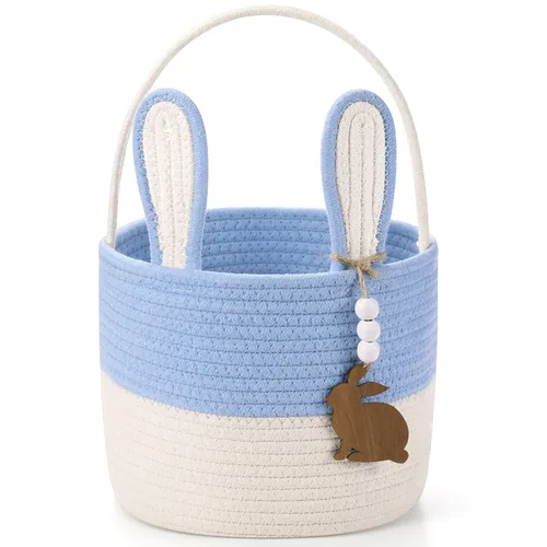 SiliFine Cesta de Pascua para niños, cesta de conejo de Pascua con etiqueta de nombre, oreja de conejo desmontable, regalo tejido rústico para niñas