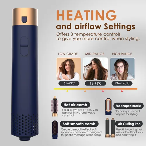 Miniatura 5 de Hair Dryer Brush 5 in 1, Negative Ion Blow Dryer Brush Set - 110,000 RPM High - Speed Hot Air Brush Air Styler Curling Wrap Air Curler,Curling Iron