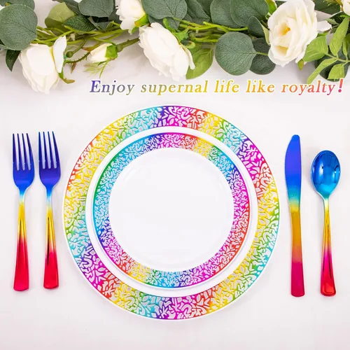 Miniatura 2 de Enjoylife - 120 cubiertos plásticos, cubiertos plásticos de arcoiris, dorado y azul (arcoiris)