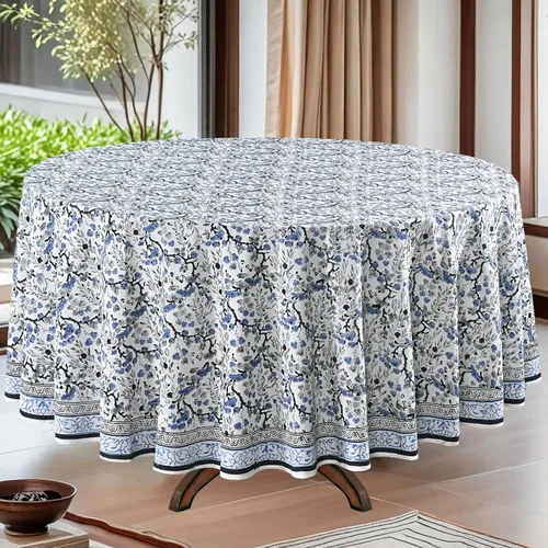 Miniatura 19 de Ridhi Mantel redondo de algodón reutilizable con estampado de bloque a mano, color verde espárragos, 60 pulgadas, mantel decorativo para uso diario