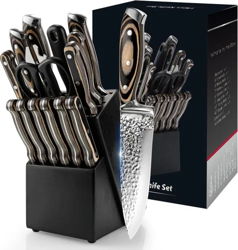 Miniatura 7 de Juego de cuchillos para cocina, juego de cuchillos de diseño martillado de 15 piezas con bloque y afilador, cuchillos de chef de acero inoxidable
